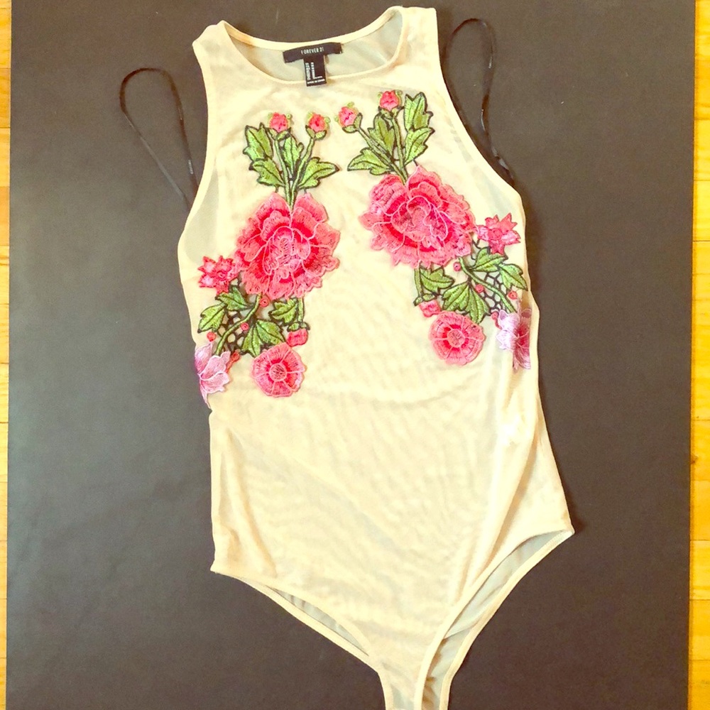 NWT Forever21 Sheer Floral Bodysuit